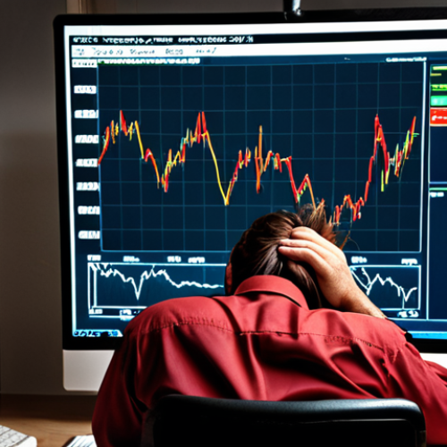 **

A stressed investor pulling their hair while looking at a fluctuating stock market graph on a computer screen. The background shows a stormy sky, symbolizing fear and uncertainty. Include charts with red downward trends.

**