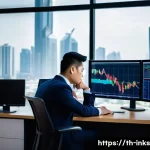 Home 22 감정적 투자 오류와 행동 금융 - A professional Thai investor sitting calmly at a modern office desk filled with multiple computer sc...