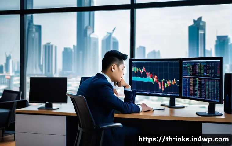 감정적 투자 오류와 행동 금융 - A professional Thai investor sitting calmly at a modern office desk filled with multiple computer sc...