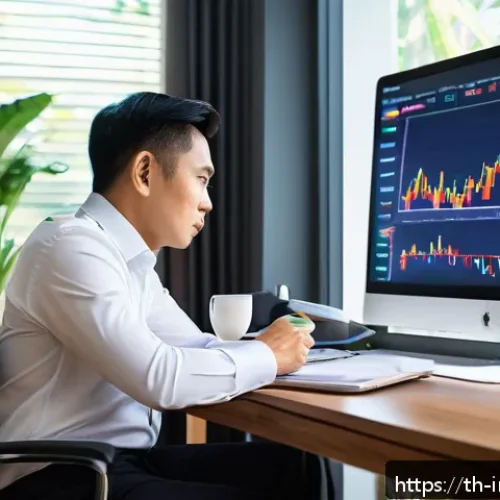 Home 33 감정적 투자 오류에 대한 사실과 신화 - A focused Thai investor sitting at a modern wooden desk in a cozy home office, surrounded by multipl...