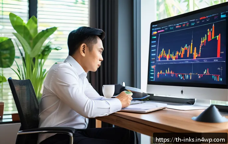 감정적 투자 오류에 대한 사실과 신화 - A focused Thai investor sitting at a modern wooden desk in a cozy home office, surrounded by multipl...