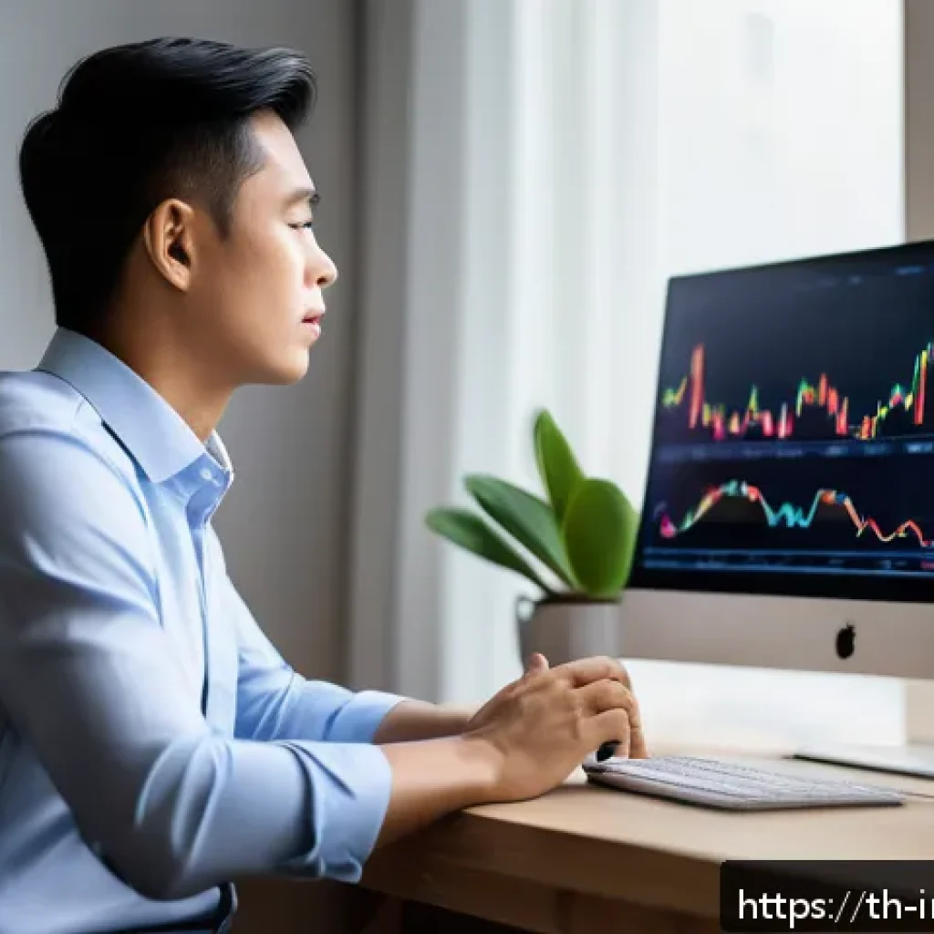 감정 관리와 투자 성과의 상관관계 - A calm and focused Thai investor sitting at a modern desk with multiple computer screens displaying ...