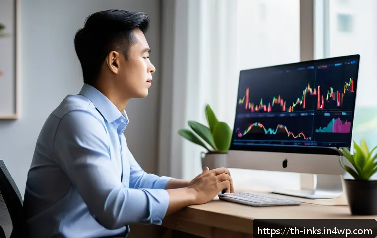 감정 관리와 투자 성과의 상관관계 - A calm and focused Thai investor sitting at a modern desk with multiple computer screens displaying ...