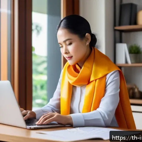 Home 31 감정적 투자 오류를 피하기 위한 전문가 인터뷰 - A professional Thai investor sitting calmly at a modern wooden desk in a bright home office, analyzi...