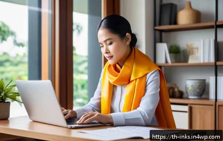 감정적 투자 오류를 피하기 위한 전문가 인터뷰 - A professional Thai investor sitting calmly at a modern wooden desk in a bright home office, analyzi...