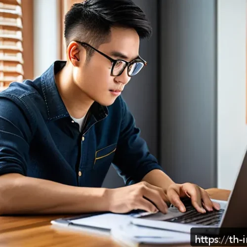 Home 30 감정적 투자 오류를 피하기 위한 심리적 훈련 - A detailed scene of a young Thai investor sitting at a modern wooden desk in a cozy home office, wea...