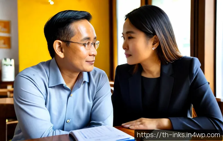 Home 17 감정적 투자 오류 극복을 위한 소통 방법 - Photorealistic scene of a Thai middle-aged investor calmly discussing market concerns with a trusted...